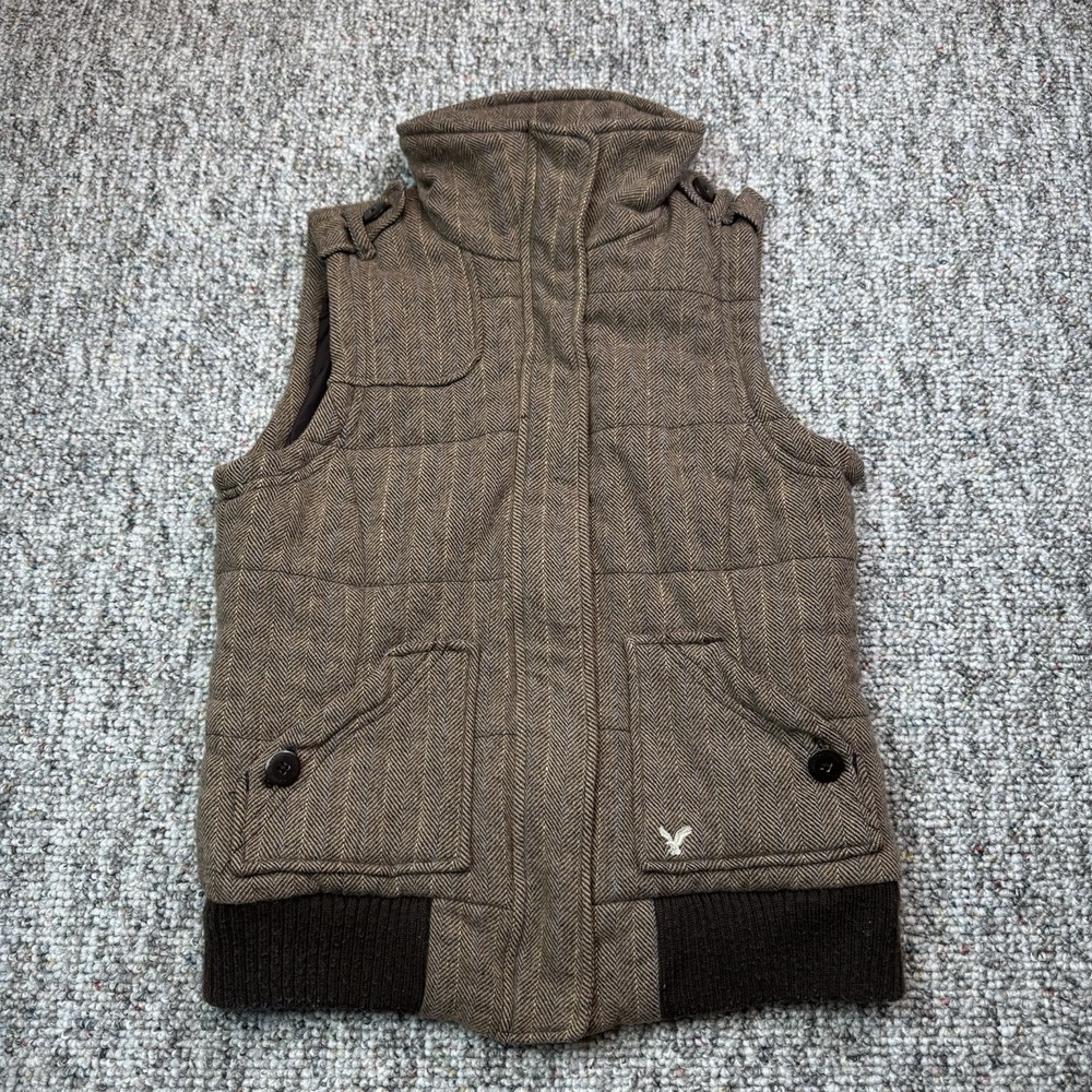 Vintage American Eagle Vest Womens Medium Wool Blend Lined Snap Zip Brown